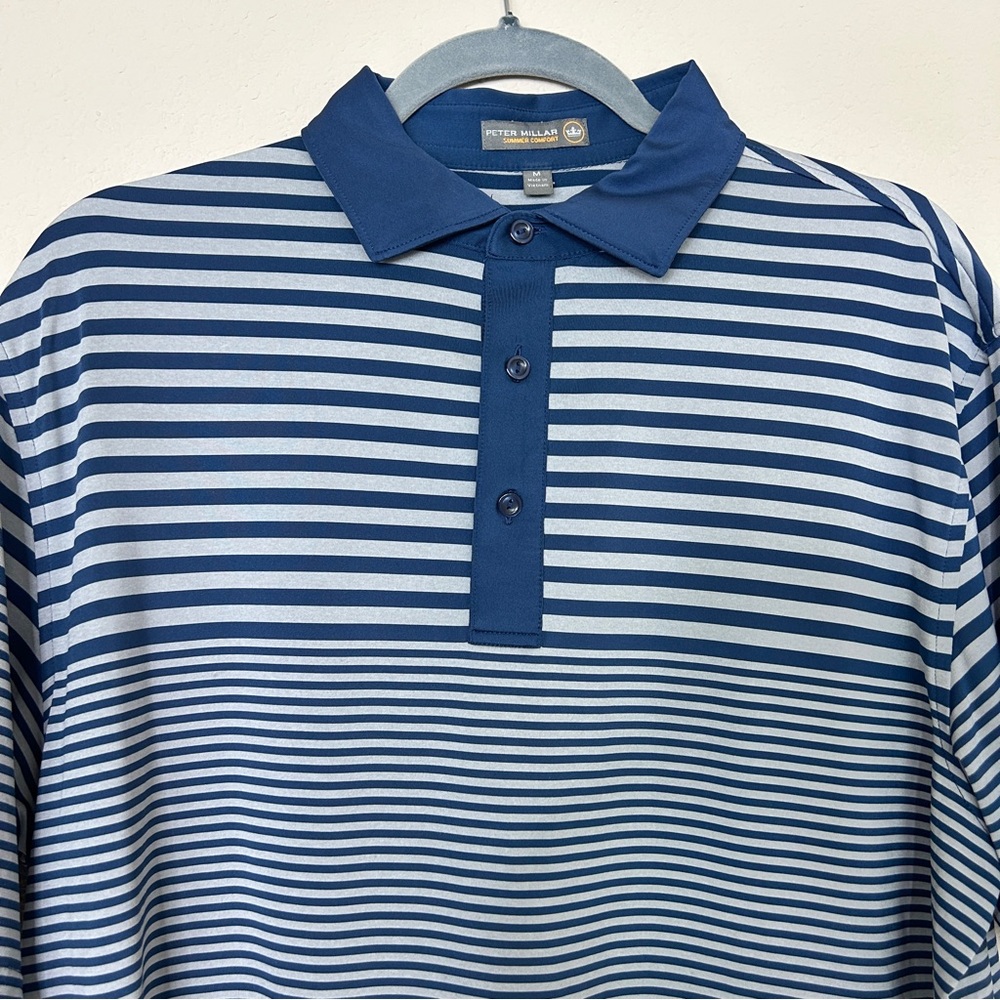 Peter Millar Summer Comfort Blue and Grey Striped Polo Size M - Picture 3 of 9